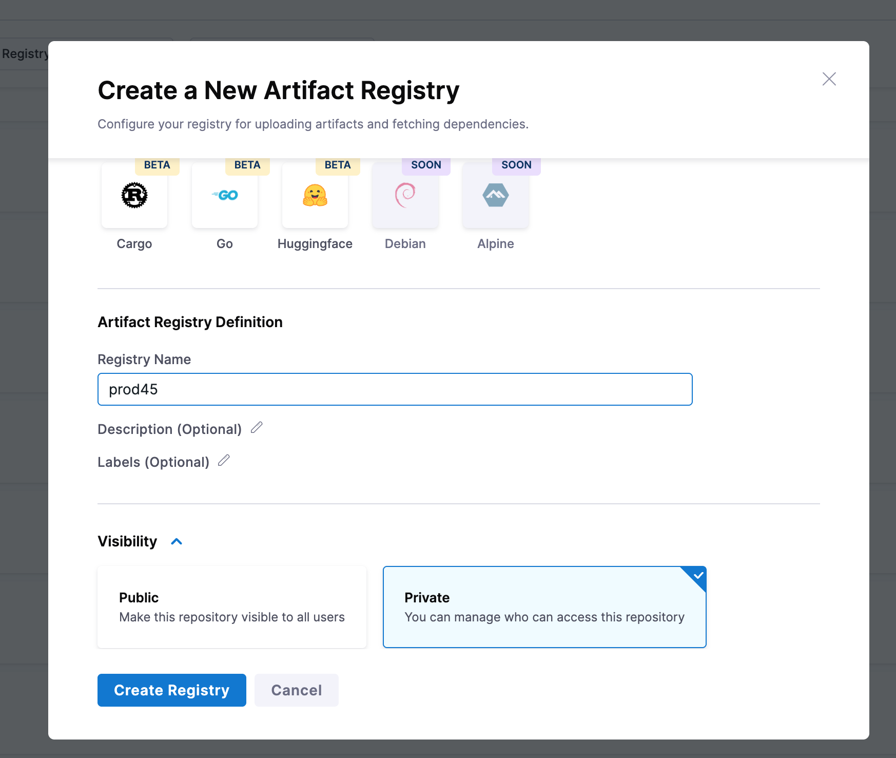 Create Registry form